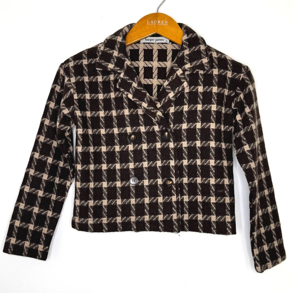 Harper James Double Breasted Plaid Jacket Girls‎ Size 12 Brown